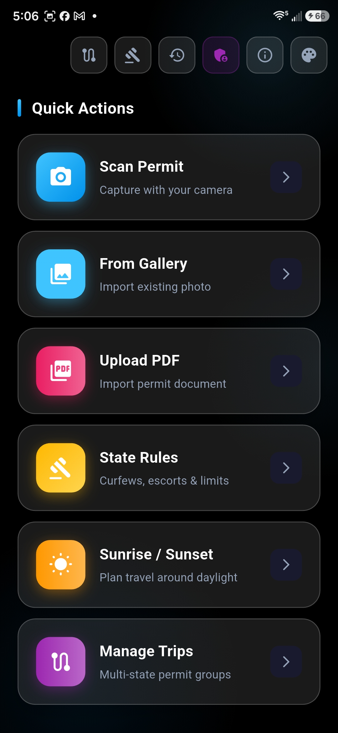 Permit Route Pro quick actions screen