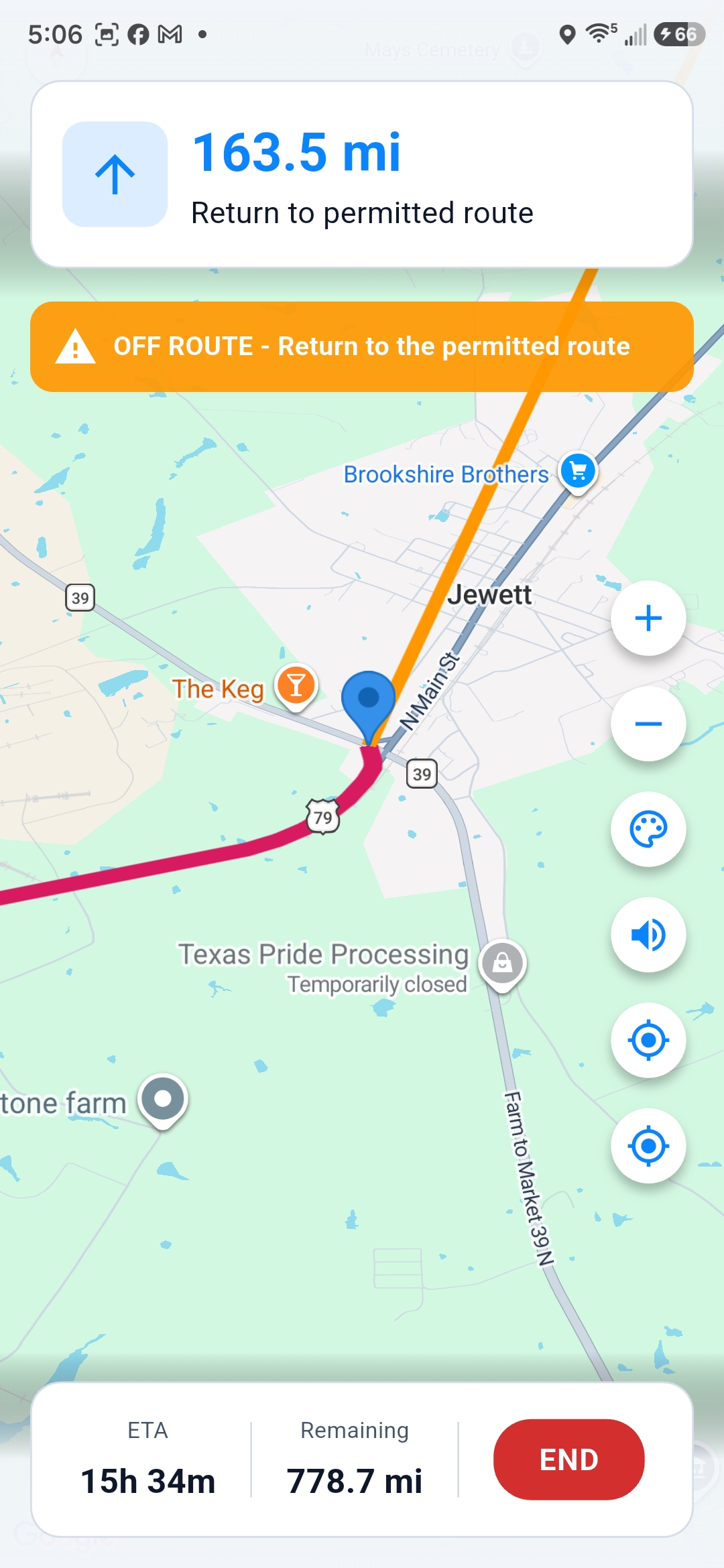 Permit Route Pro off-route navigation warning near the driver location